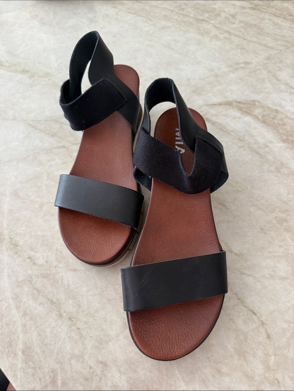 MIA Black Strap Sandals with Brown Footbed